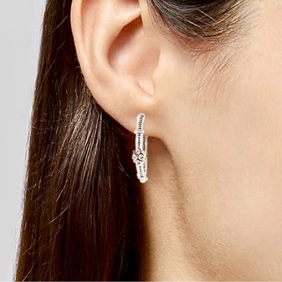 Judith Ripka JR TWO Sterling Silver 18K Gold Diamond Floral Hoop Earrings - Picture 9 of 10